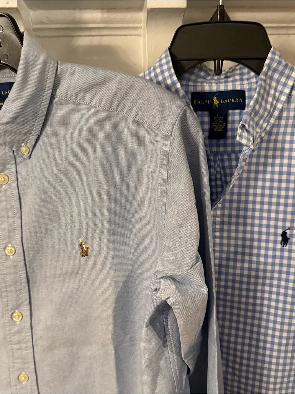 Ralph Lauren Set Of 2 Youth Boys Shirt 1 Blue Oxford, 1 Blue White Gingham Sz L
